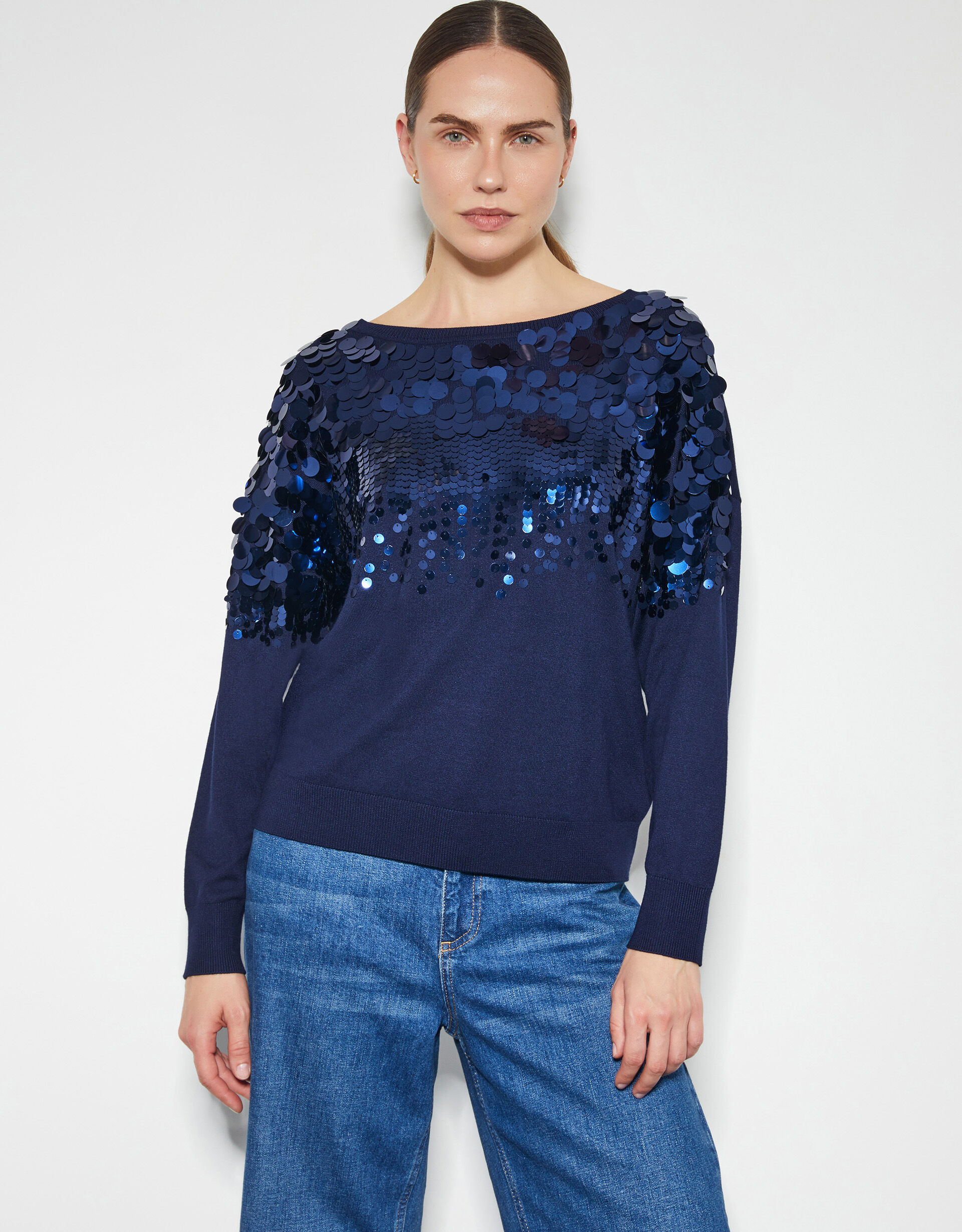 Sabine Boat Neck Sequin Jumper Blue Jumpers Monsoon Global
