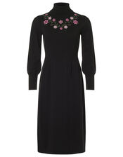 Embroidered Yoke Knit Midi Dress, Black (BLACK), large
