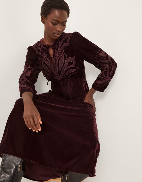 Ezra Embroidered Velvet Midi Dress, Purple (AUBERGINE), large