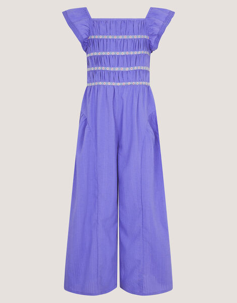 Floral Shirred Textured Jumpsuit, Blue (BLUE), large