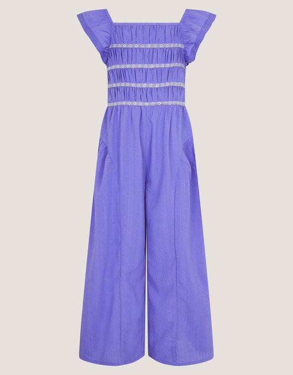 Floral Shirred Textured Romper, Blue (BLUE), large