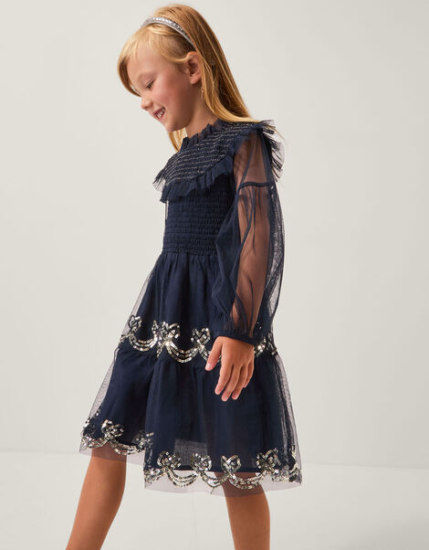 Bow Shirred Mesh Dress, Blue (NAVY), large