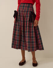 Dottie Velvet Bow Tartan Midi Skirt, Red (RED), large