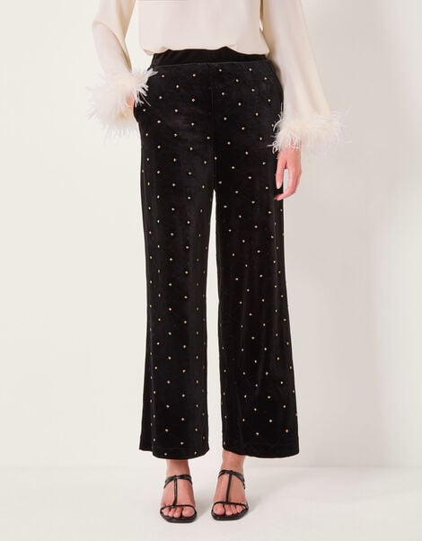 Emma Embellished Velvet Wide Leg Trousers, Black (BLACK), large