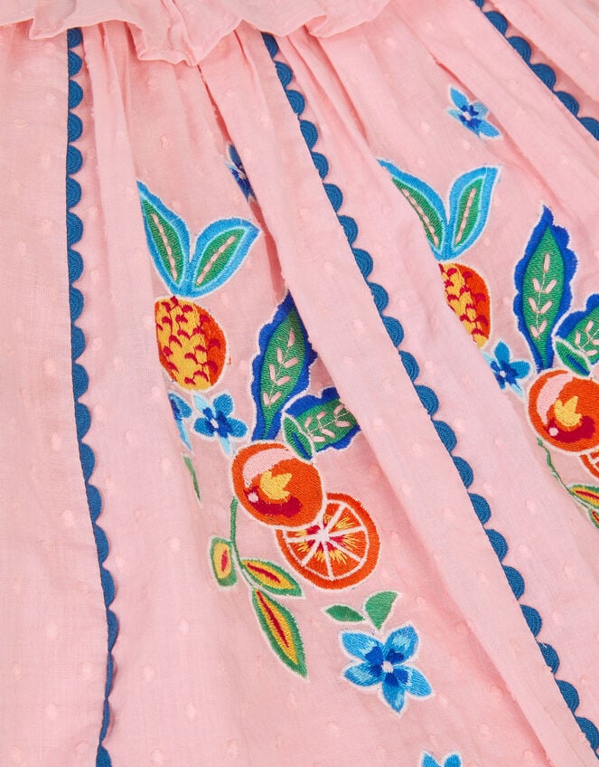 Embroidered Fruit Frill Scallop Edge Dress, Pink (PINK), large