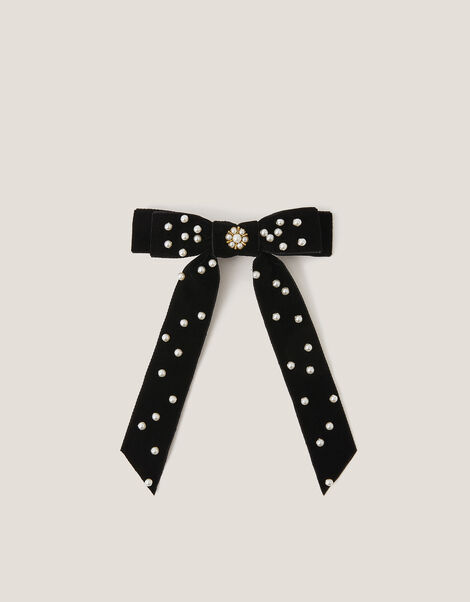 Pearly Velvet Ribbon Bow Hair Clip, , large