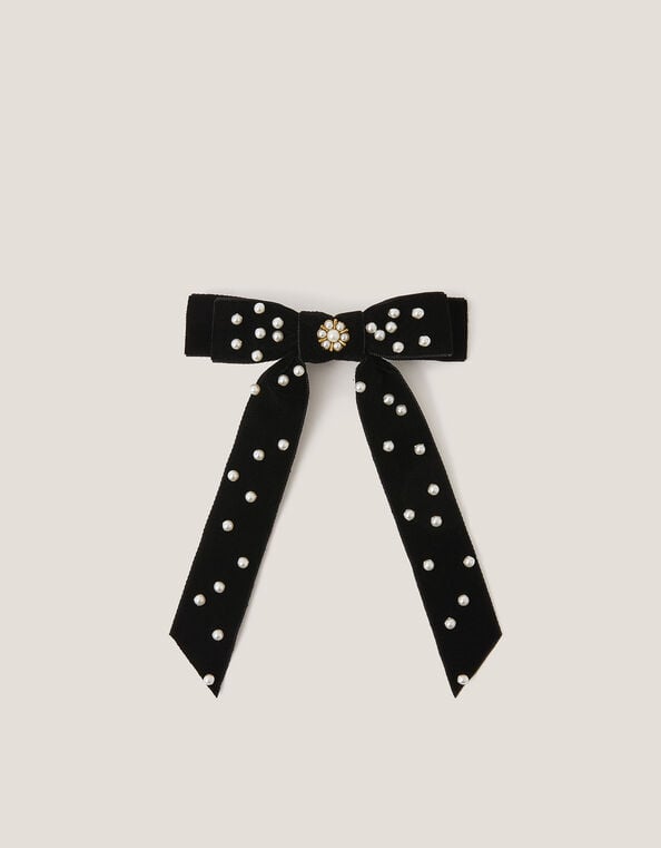 Pearly Velvet Ribbon Bow Hair Clip, , large