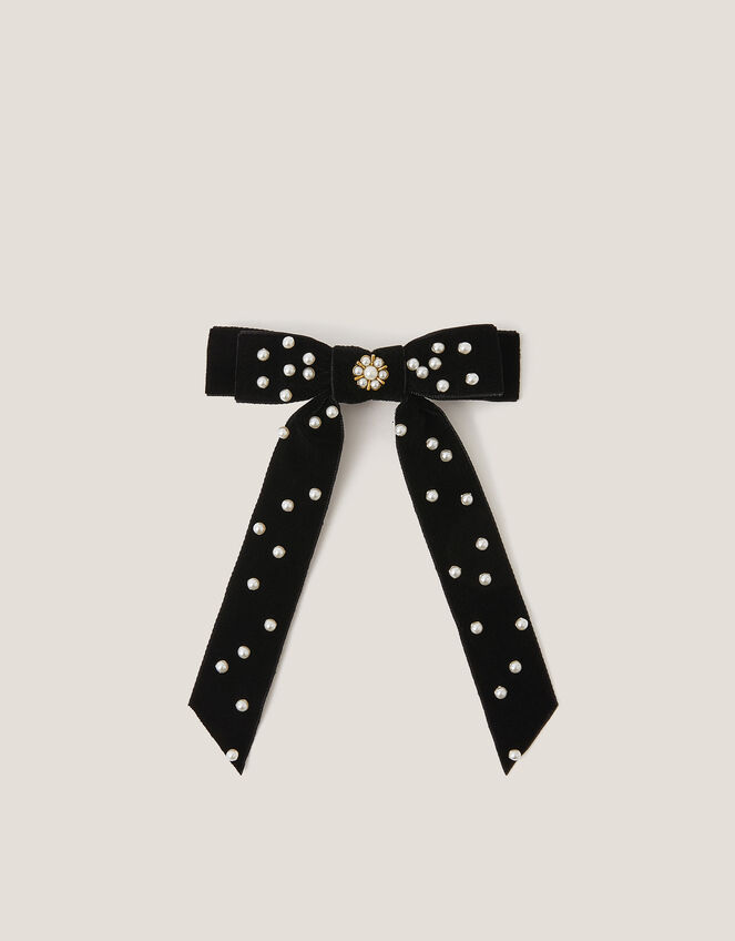Pearly Velvet Ribbon Bow Hair Clip, , large