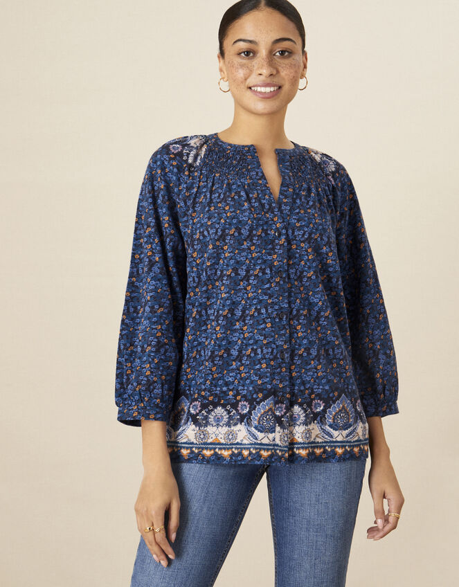 Longline Floral Heritage Jersey Top, Blue (NAVY), large