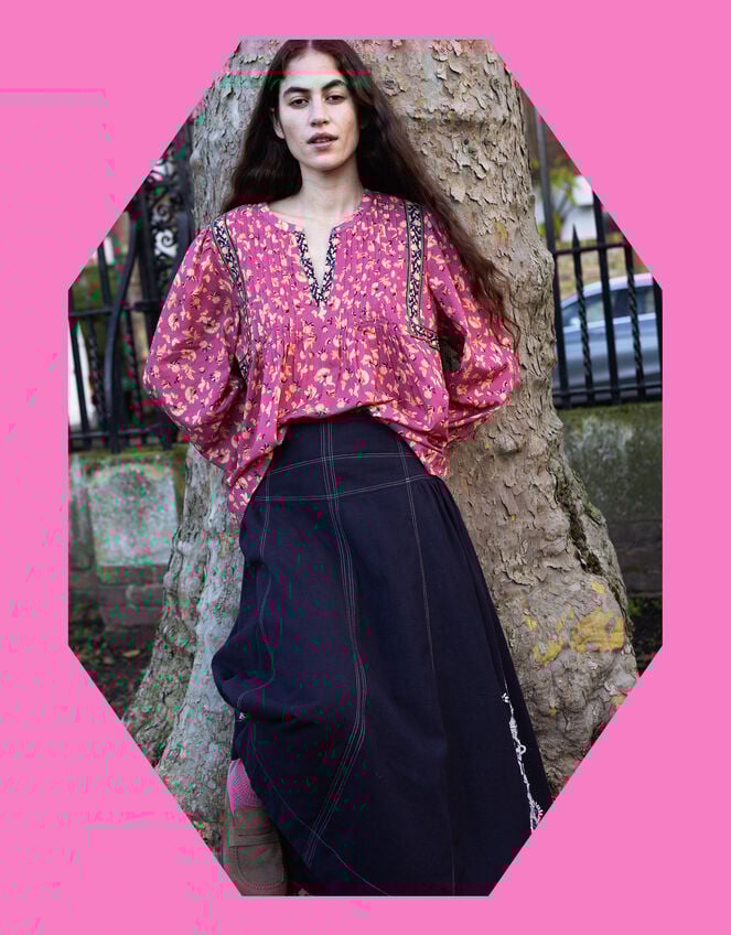 East Darney Pintuck Floral Blouse, Red (BERRY), large