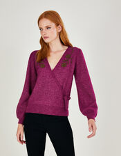 Beaded Flower Wrap Jumper with Recycled Polyester, Red (BERRY), large