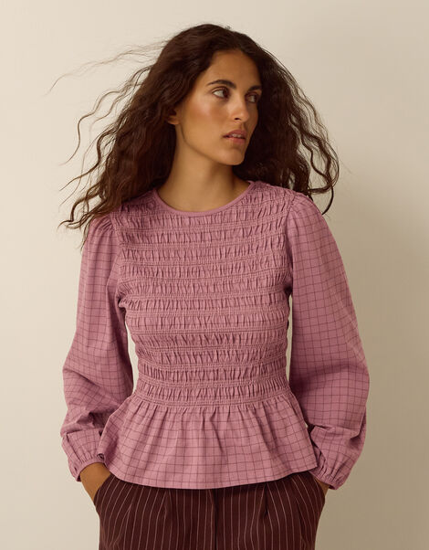 Charli Check Smocked Jersey Top, Pink (PINK), large