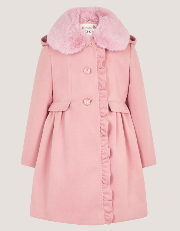 Faux Fur Collar Frill Coat, Pink (PINK), large