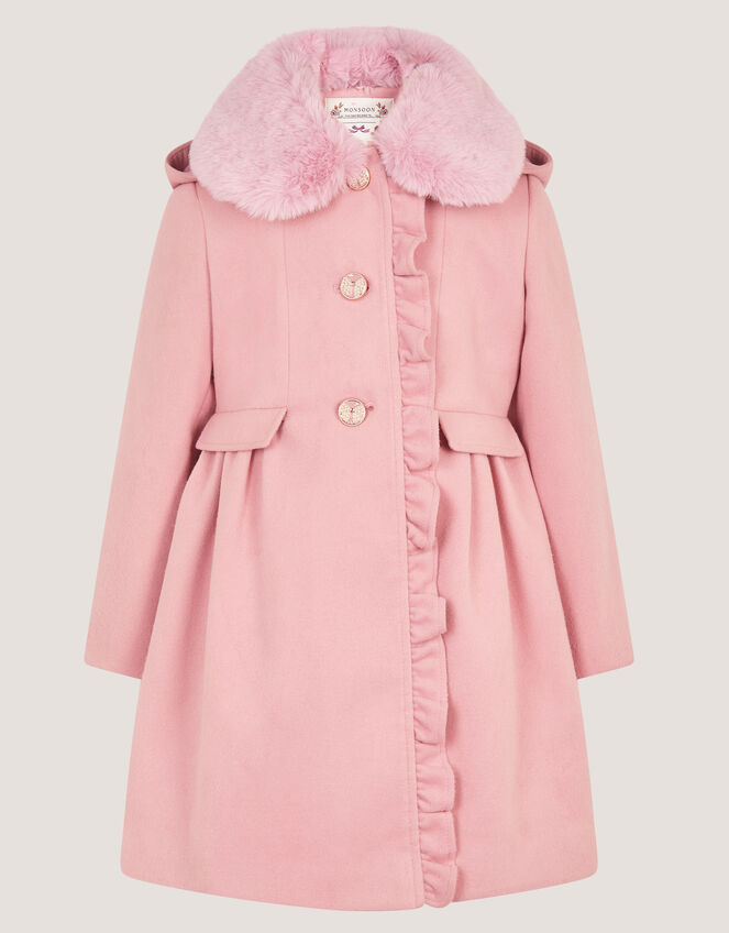 Faux Fur Collar Frill Coat, Pink (PINK), large