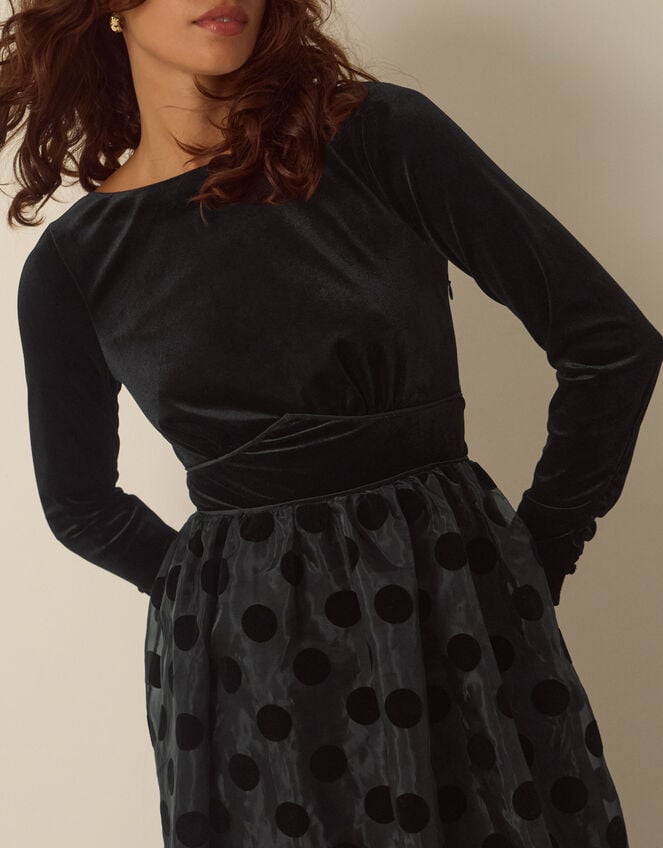 Viana Polka Dot Velvet Midi Dress, Black (BLACK), large