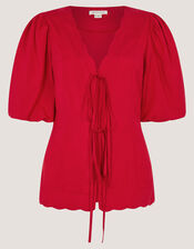Willa Puff Sleeve Tie Front Top, Red (RED), large