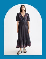 Scotch & Soda Embroidered Short Sleeve Midi Dress, Grey (CHARCOAL), large