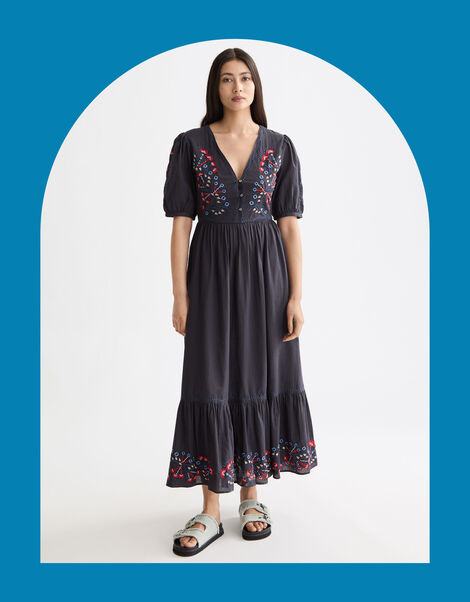 Scotch & Soda Embroidered Short Sleeve Midi Dress, Grey (CHARCOAL), large