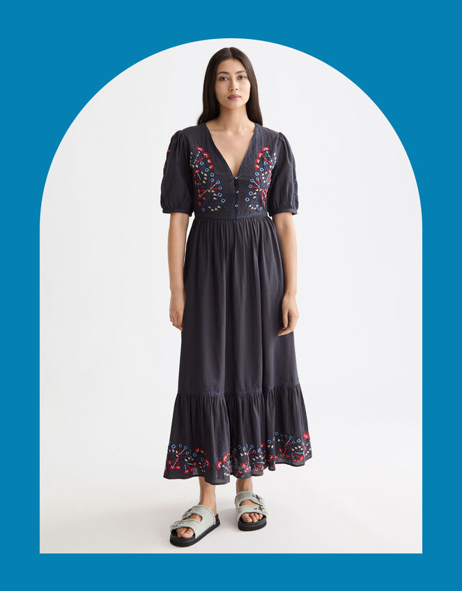 Scotch & Soda Embroidered Short Sleeve Midi Dress, Grey (CHARCOAL), large