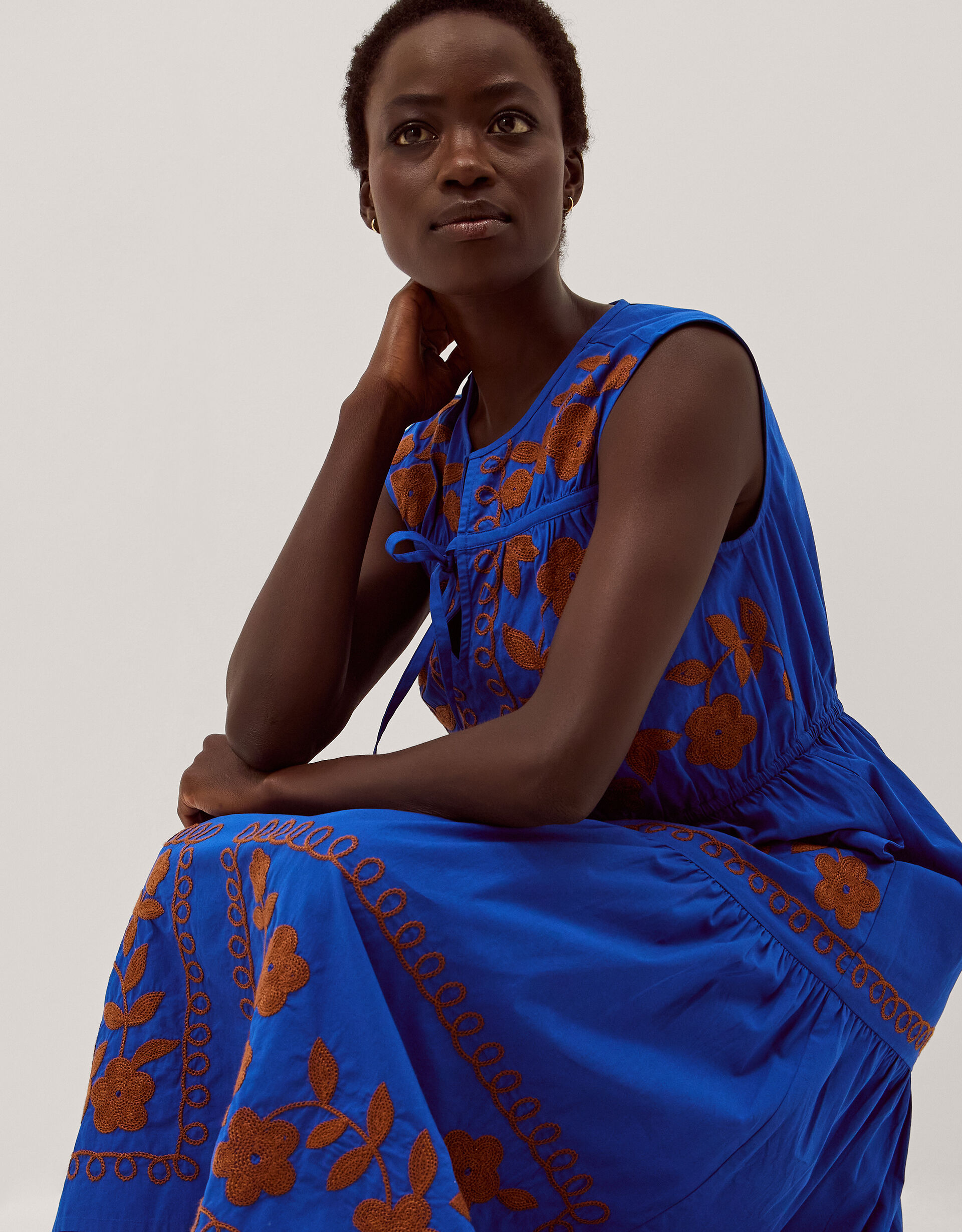 Madison Sleeveless Embroidered Midi Dress Blue