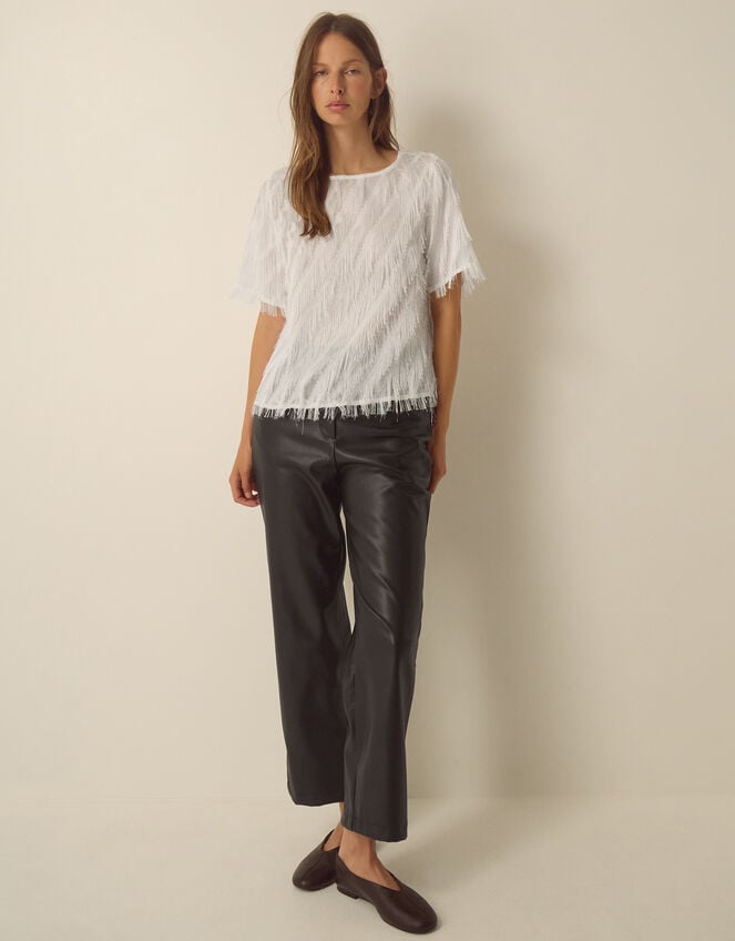 Fadia Short Sleeve Fringe Top, Ivory (IVORY), large