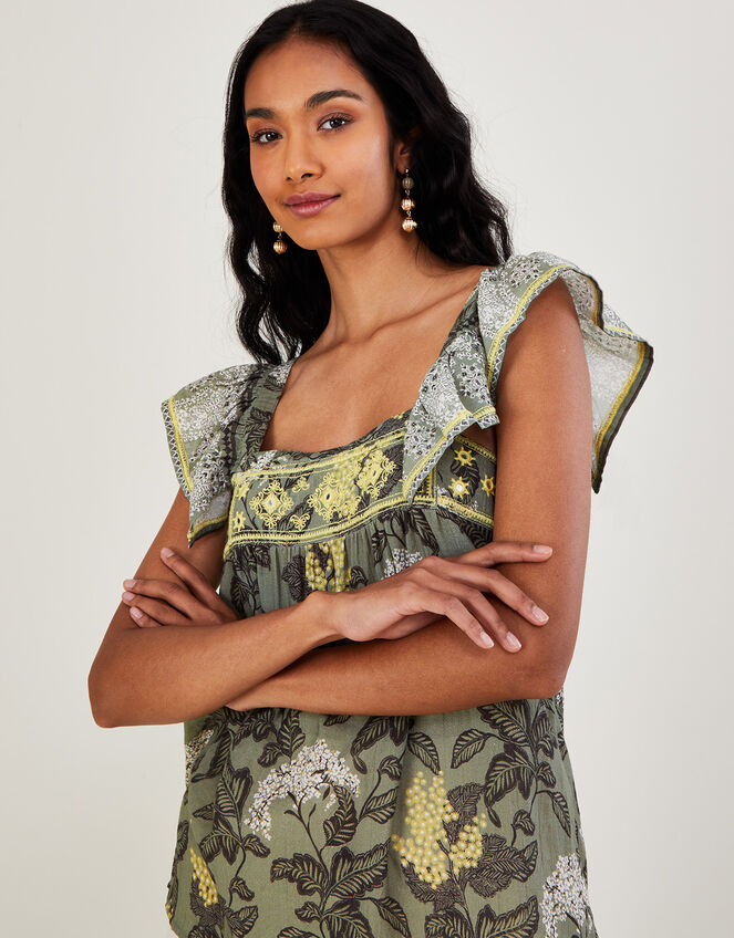 Heritage Print Square Neck Embroidered Sleeveless Top, Green (KHAKI), large