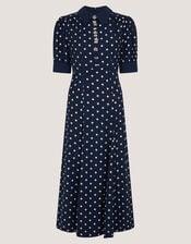 Kate Puff Sleeve Polka Dot Midi Dress, Blue (NAVY), large