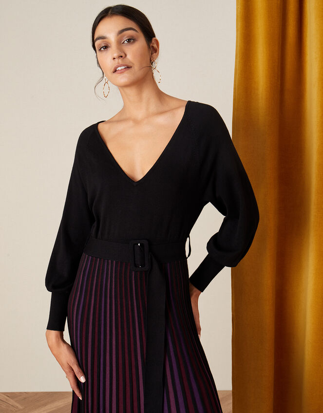 Colour Block Pleated Dress, Red (BERRY), large