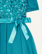 Gigi Embroidered Collar Sequin Dress, Teal (TEAL), large