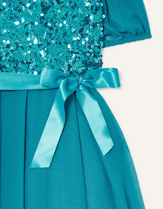 Gigi Embroidered Collar Sequin Dress, Teal (TEAL), large