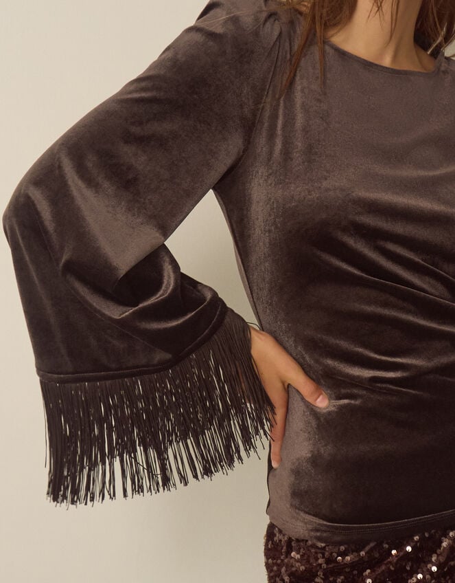 Tamara Tie Side Fringe Velvet Top, Brown (CHOCOLATE), large