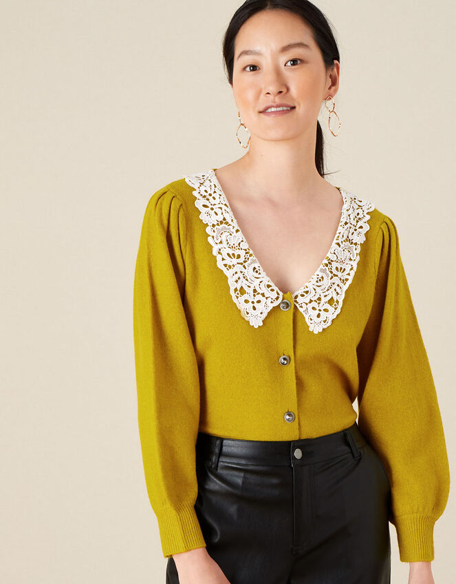 Leila Lace Collar Cardigan, Yellow (OCHRE), large