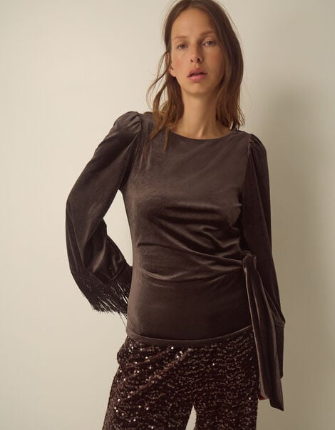 Tamara Tie Side Fringe Velvet Top, Brown (CHOCOLATE), large