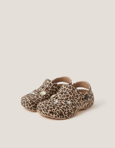 Jewel Leopard Print Clogs, Brown (BROWN), large