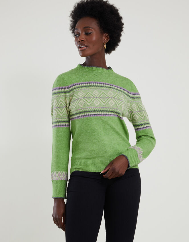 Frill Neck Fair Isle Jumper with Recycled Polyester Green Jumpers Monsoon Global.