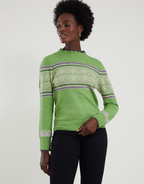 Frill Neck Fairisle Jumper with Recycled Polyester Green, Green (GREEN), large