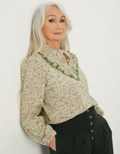 Floral Printed V-Front Frill Top, Ivory (IVORY), large