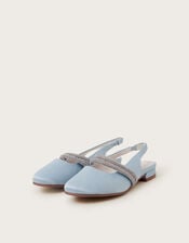 Diamante Strap Satin Slingback Flats, Blue (BLUE), large