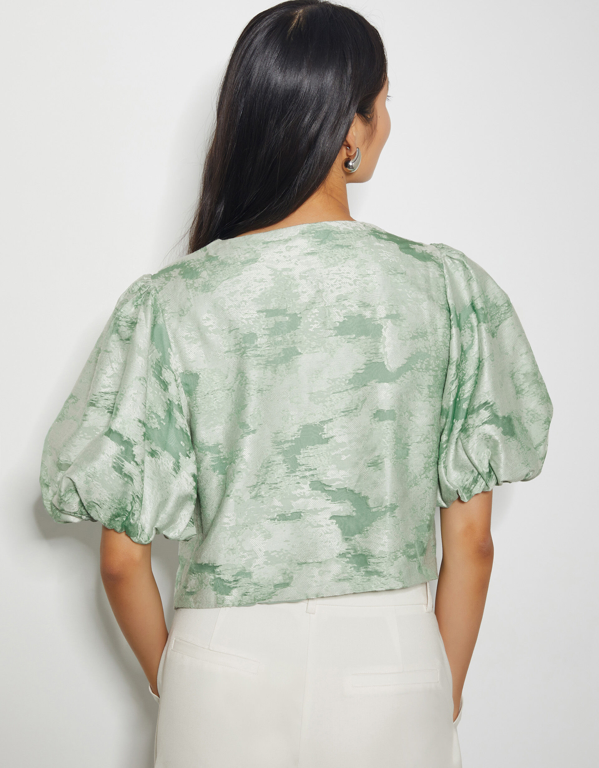 Josie Puff Sleeve Floral Jacquard Top Green