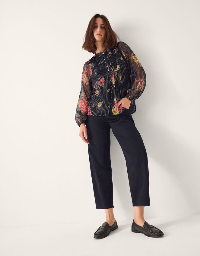 Azami Shimmer Stripe Floral Blouse, Black (BLACK), large