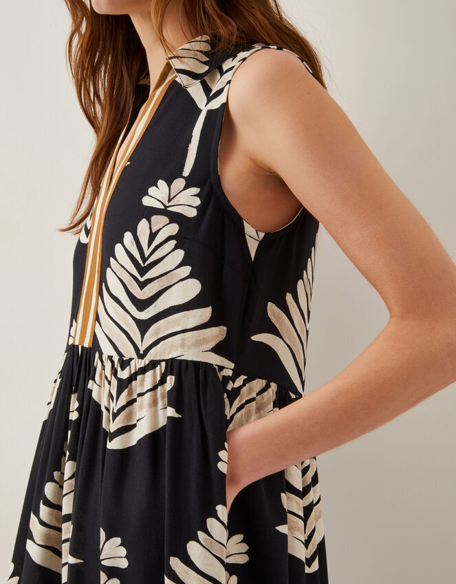 Pamela Linen Blend Leaf Print Midi Dress, Black (BLACK), large