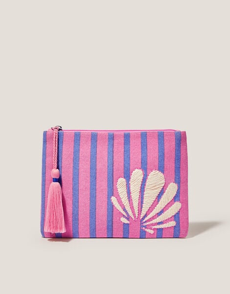 Shell Embroidered Stripe Pouch, , large