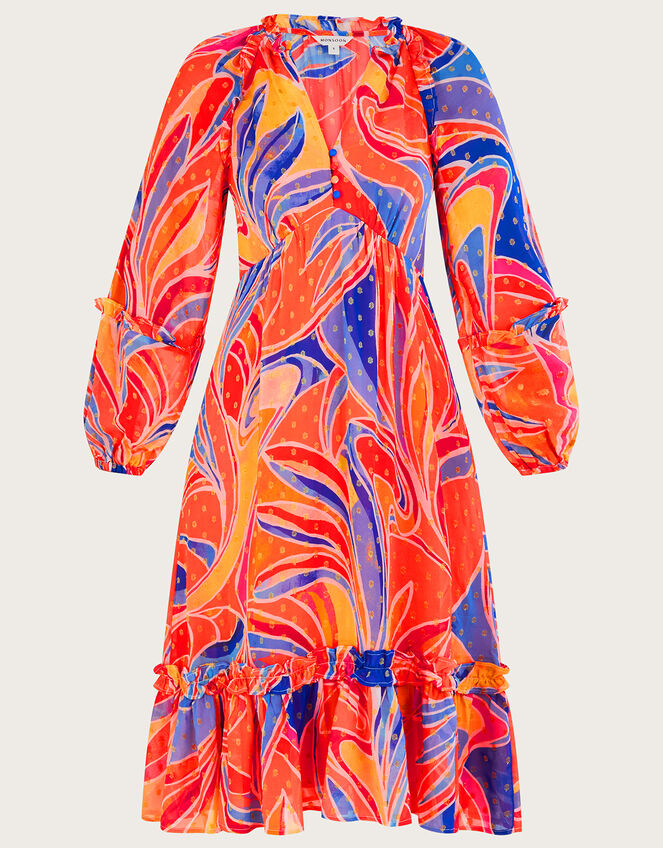 Ariel Print Tiered Dress, Orange (ORANGE), large