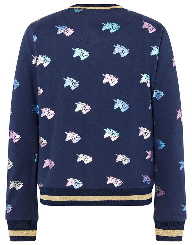 Rainbow Foil Unicorn Bomber Jacket, Blue (NAVY), large