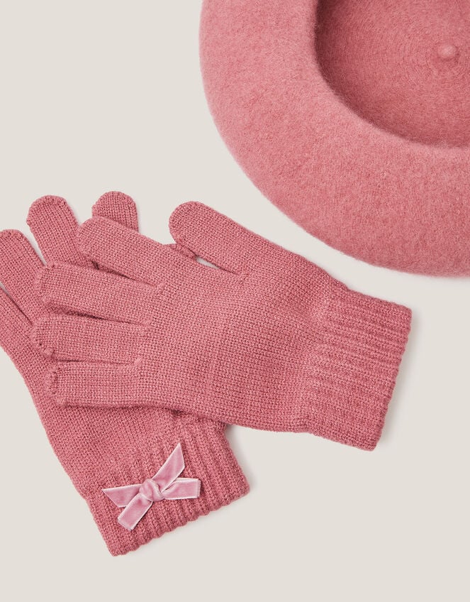 Bow Beret & Gloves Set, Pink (PINK), large