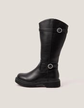 Diamante Buckle Knee High Boots, Black (BLACK), large