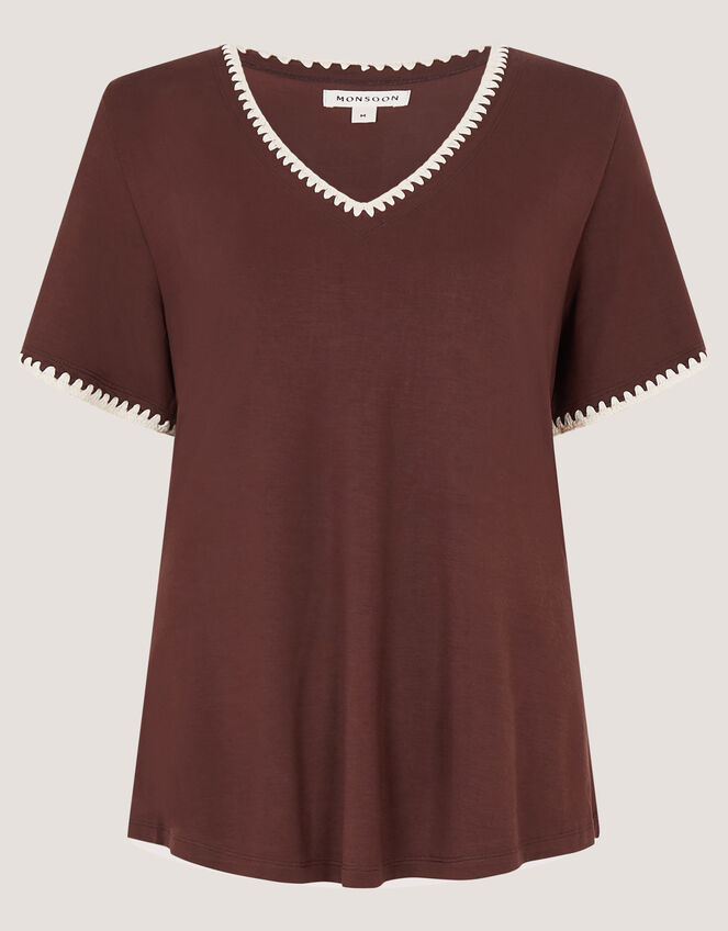 Tilly Contrast Stitch Jersey T-Shirt, Brown (CHOCOLATE), large