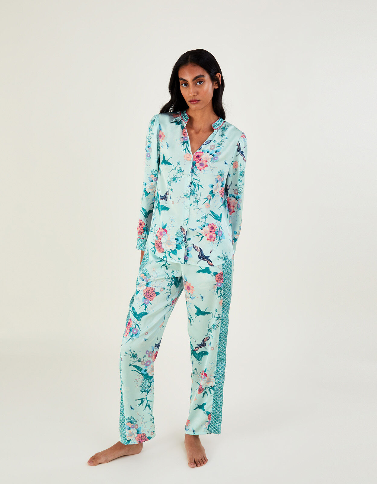 Floral Print Satin Pyjama Set Green