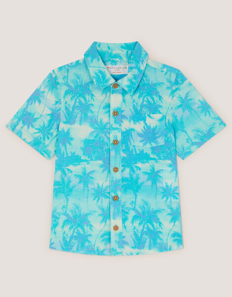 Palm Print Short Sleeve Shirt, Blue (BLUE), large