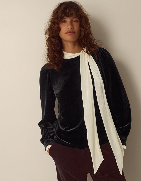 Tia Tie Neck Velvet Top, Black (BLACK), large